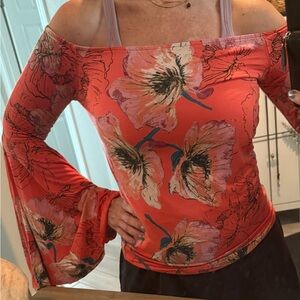 We The Free Coral/Orange Floral Blouse Size Medium, Good Condition!